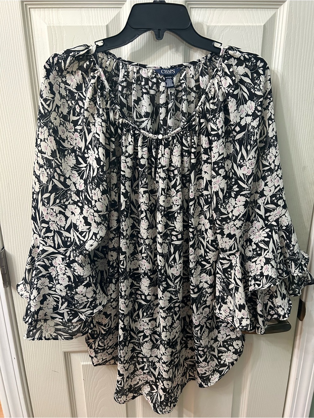 Chaps Black & White Floral Peasant Blouse